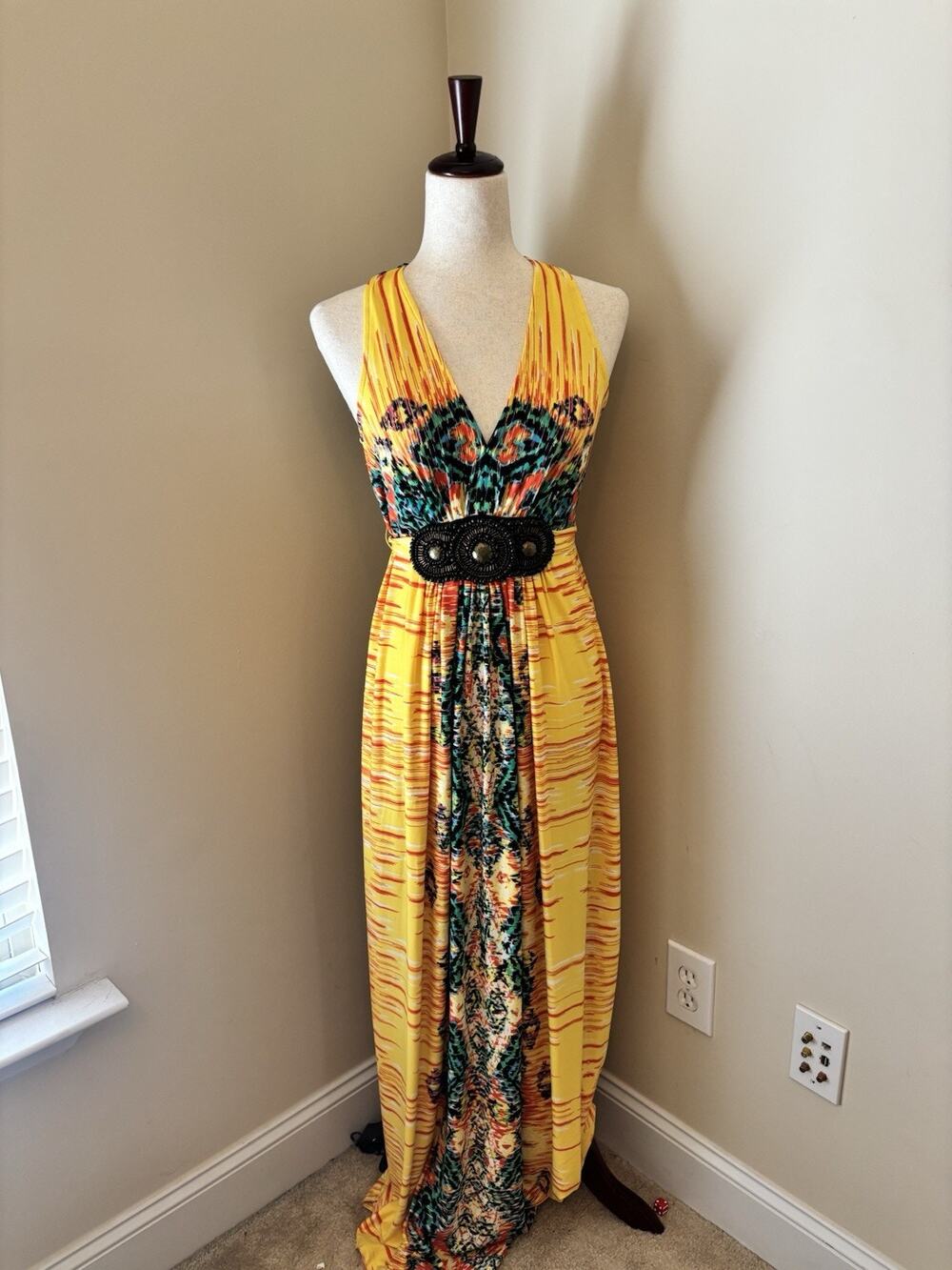 Eci New York Vintage Boho Unique Boho Beaded Yellow 90’s Maxi Dress Size 10